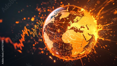 Fototapeta Naklejka Na Ścianę i Meble -  Shattered Globe of Finance: A glowing globe with cracks spreading across its surface, and shards of the globe breaking off