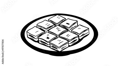 Plate of baklava squares arranged symmetrically, vector illustration art