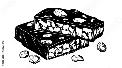Soft nougat broken to reveal chewy interior with embedded nuts, vector illustration art