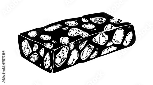 Rectangular nougat with visible nuts and porous texture, vector illustration art