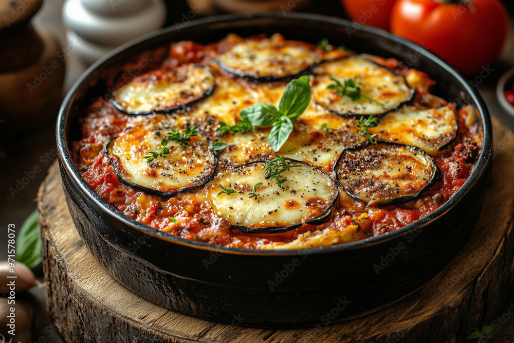 Delicious roasted eggplant casserole with fresh herbs and rich tomato sauce served on a rustic wooden table Delicious roasted eggplant casserole with fresh herbs and rich tomato sauce served on a rustic wooden table