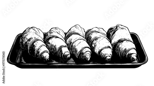 Row of croissants aligned evenly on a rectangular polished tray, vector illustration art
