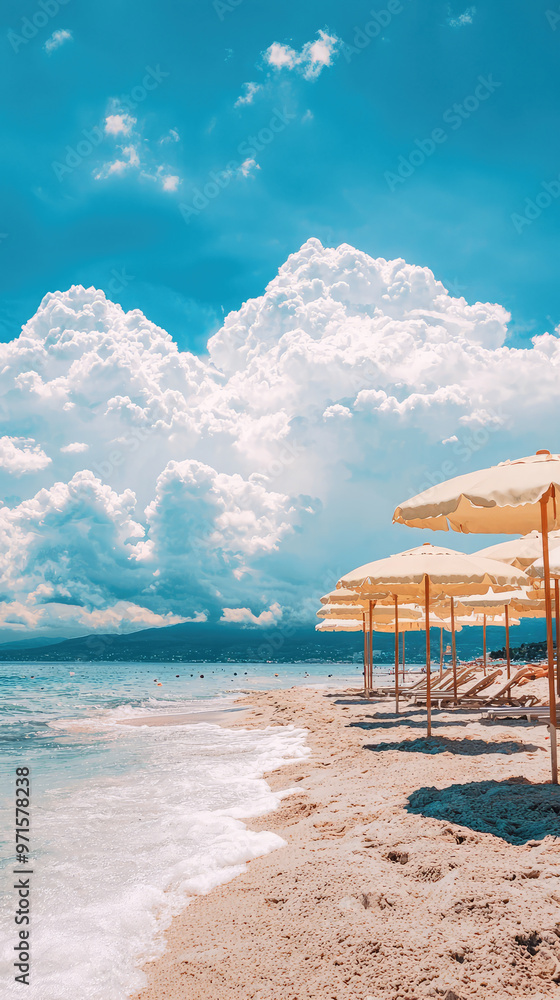 Fototapeta premium Sunny beach umbrellas dotting shoreline create serene atmosphere