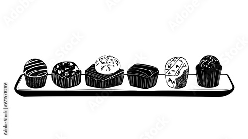 Chocolates with unique flavors placed in an orderly line on a tray, vector illustration art