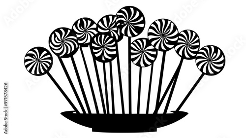 Lollipops arranged in a fan shape on a plate, sticks overlapping, vector illustration art