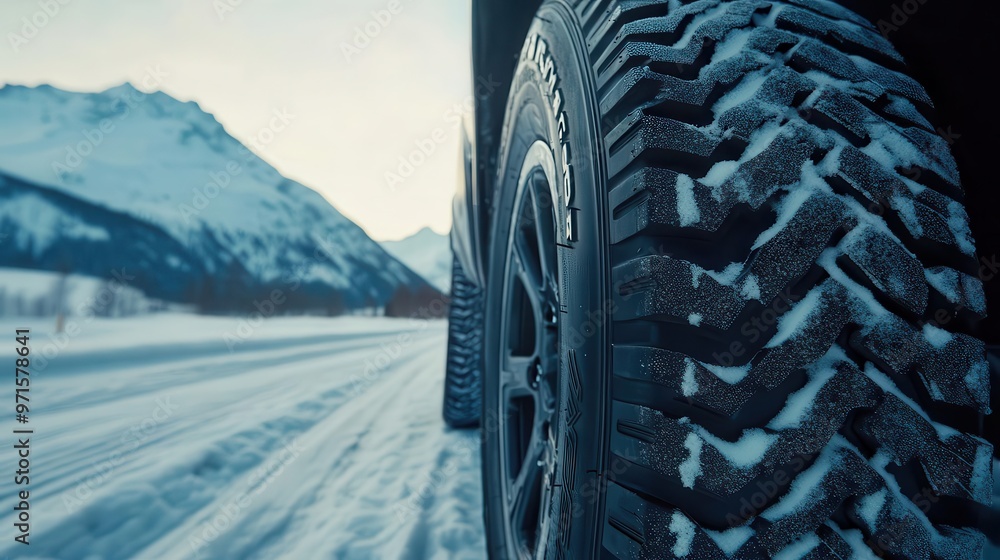 closeup of highperformance winter tires with aggressive tread patterns set against a snowy mountain road backdrop closeup of highperformance winter tires with aggressive tread patterns set against a snowy mountain road backdrop