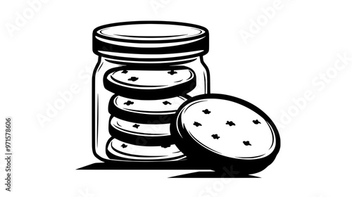 Shortbread rounds neatly stacked in a glass jar with the lid beside it, vector illustration art