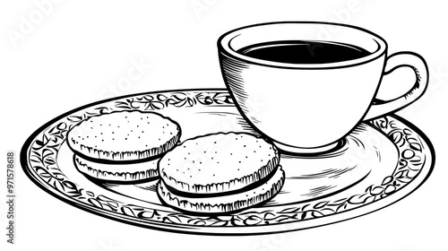 Shortbread cookies on a decorative platter with a cup of tea in the background, vector illustration art