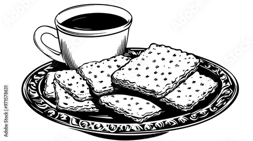 Shortbread cookies on a decorative platter with a cup of tea in the background, vector illustration art