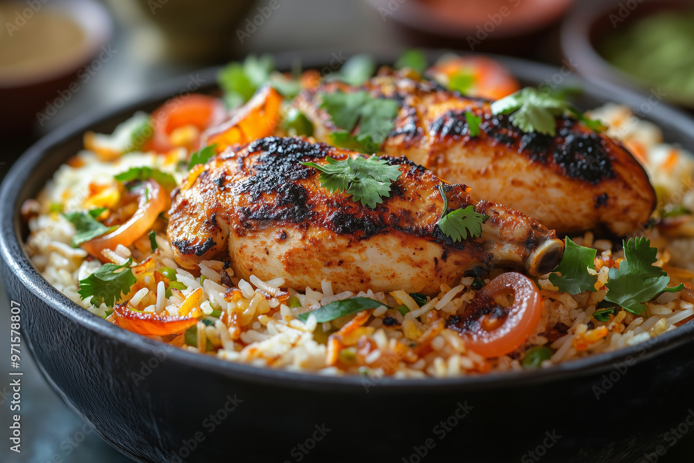 Savoring a delicious plate of Hyderabadi Chicken Biryani topped with fresh herbs and spices in a cozy setting Savoring a delicious plate of Hyderabadi Chicken Biryani topped with fresh herbs and spices in a cozy setting