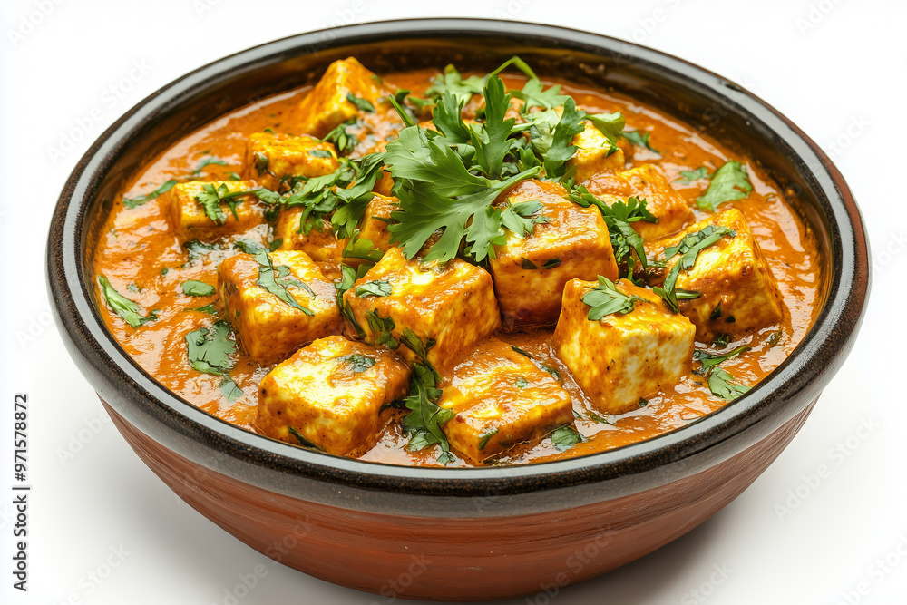 Delicious Indian paneer butter masala curry served in a traditional bowl, garnished with fresh coriander and spices for an appetizing touch Delicious Indian paneer butter masala curry served in a traditional bowl, garnished with fresh coriander and spices for an appetizing touch