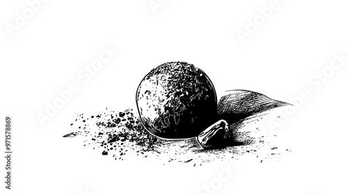 Single filled truffle on a decorative cloth, with scattered cocoa powder, vector illustration art