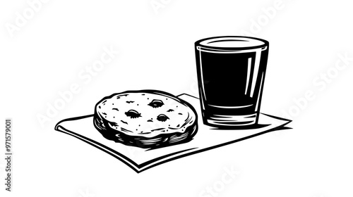 Single shortbread cookie on a napkin next to a glass on a kitchen counter, vector illustration art