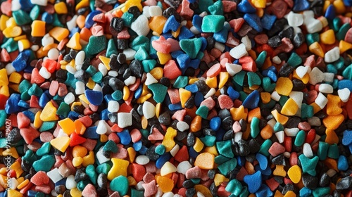 closeup of multicolored recycled plastic pellets varied textures and hues blending together symbolizing sustainability and environmental consciousness