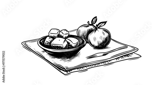 Single vegan sweet on napkin with dish of mixed fruit beside it, vector illustration art