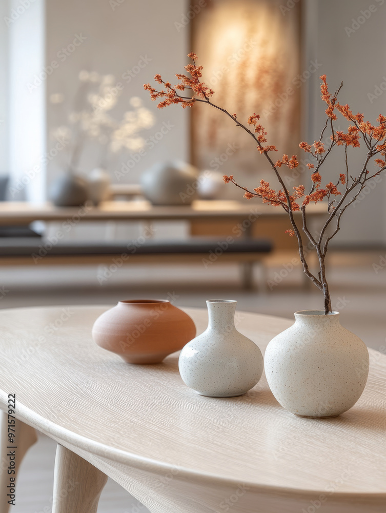 Minimalist vases with branches on a wooden table in a modern room. Minimalist vases with branches on a wooden table in a modern room.