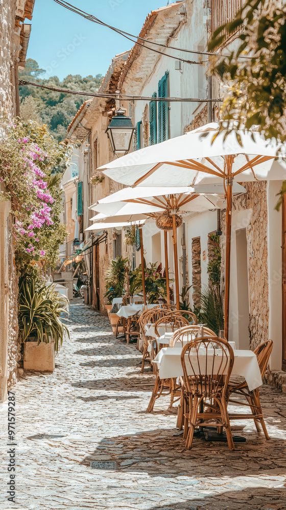 Obraz premium Cozy outdoor cafe with umbrellas in Mediterranean alleyway, perfect for relaxation