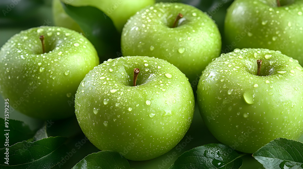 Fresh green apples with droplets on a surface, surrounded by leaves. Fresh green apples with droplets on a surface, surrounded by leaves.