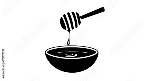 A small dish with honey drizzling from a honey dipper, placed on a plain surface, vector illustration art