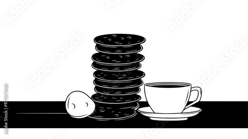 Stack of drop cookies on a kitchen countertop with a cup of coffee beside it, vector illustration art