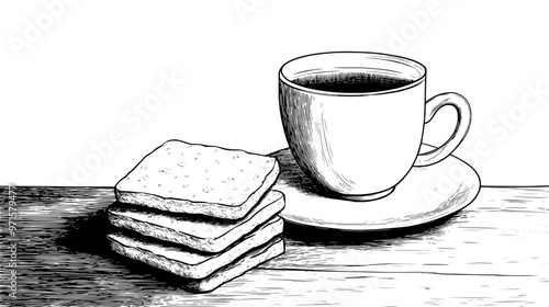 Stack of shortbread fingers beside a teacup on a wooden countertop, vector illustration art