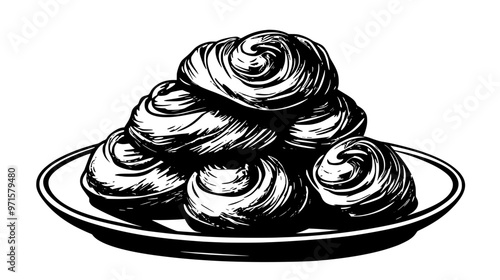 Stack of pastries with an open spiral design, arranged on a serving plate, vector illustration art