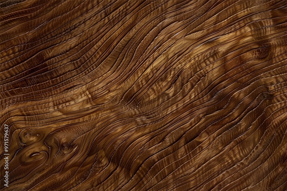 Naklejka premium Beautifully textured oak wooden surface, showcasing intricate grain patterns and rich brown tones. The wood appears polished and smooth, highlighting its natural beauty.