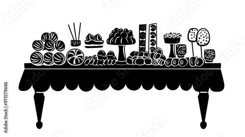 Table filled with organized piles of candy awaiting distribution at a themed event, vector illustration art