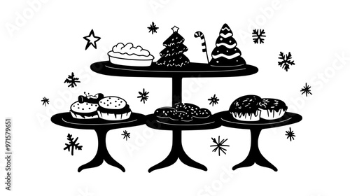 Table filled with cookie trays, prepared for an annual holiday celebration gathering, vector illustration art
