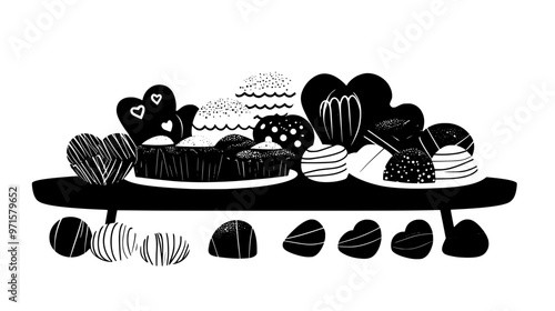 Table filled with assorted chocolates prepared for a Valentine's Day celebration, vector illustration art