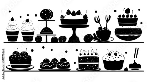 Table filled with seasonal desserts prepared for guests at a themed event, vector illustration art