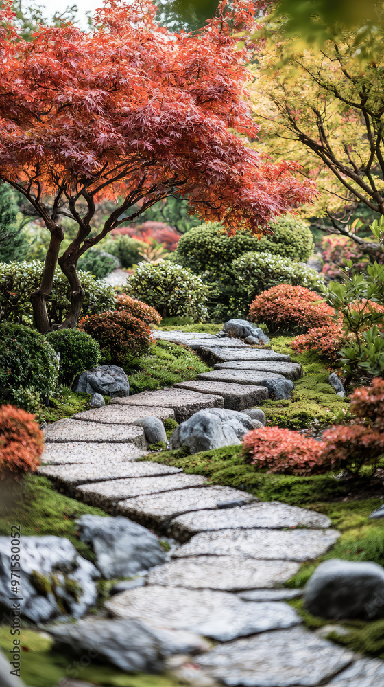 Naklejka premium A serene stone pathway winds through tranquil Japanese garden, surrounded by vibrant foliage