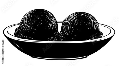 Two scoops of sorbet side by side in a dish on a tabletop with no toppings, vector illustration art