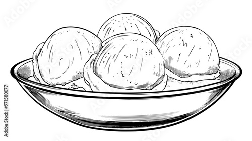 Vanilla ice cream scoops in a glass dish without any sauces or toppings, vector illustration art