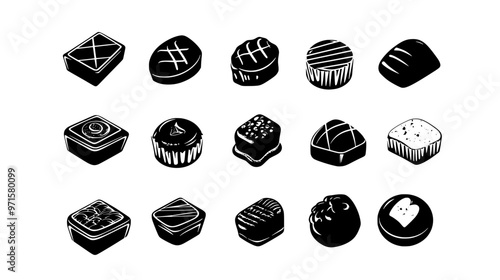 Variety of chocolates in unique personalized shapes, aligned evenly in a square layout, vector illustration art