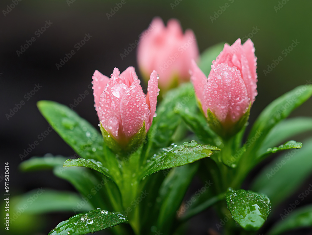 Delicate pink flower with dew drops, surrounded by lush green leaves, showcasing nature's beauty in a serene garden setting. Delicate pink flower with dew drops, surrounded by lush green leaves, showcasing nature's beauty in a serene garden setting.