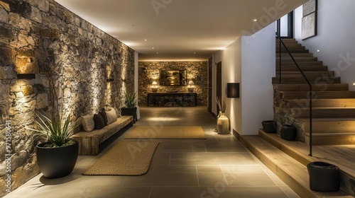 coastalinspired entrance hall with natural stone feature wall rustic wooden elements contrasting with modern furnishings soft warm lighting creating an inviting ambiance photo