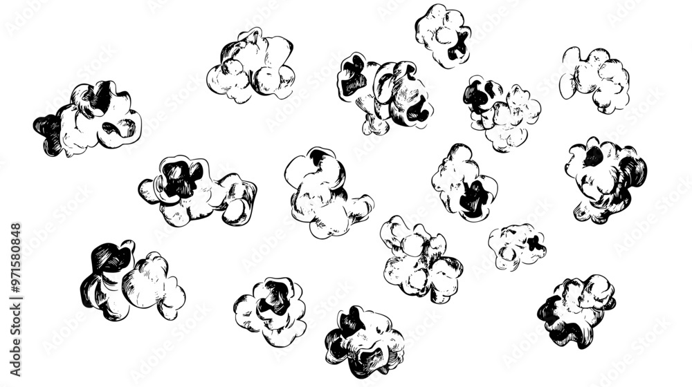 An array of popcorn pieces in varying sizes with caramel coating evenly covering each cluster, vector illustration art An array of popcorn pieces in varying sizes with caramel coating evenly covering each cluster, vector illustration art