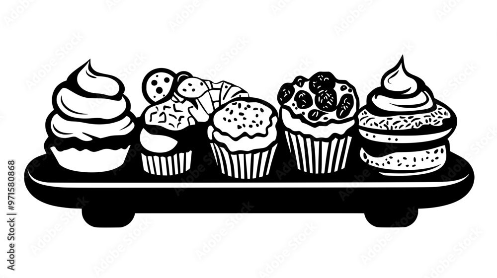Assortment of flavor-themed pastries on a serving tray for guests, vector illustration art Assortment of flavor-themed pastries on a serving tray for guests, vector illustration art