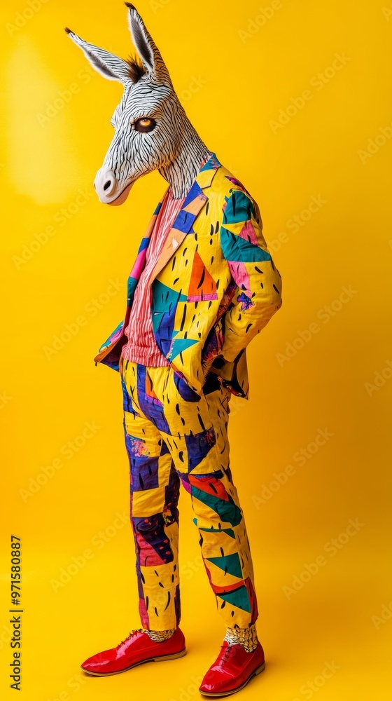Stylish man wearing donkey mask and colorful suit posing on yellow background Stylish man wearing donkey mask and colorful suit posing on yellow background