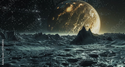 Dramatic Moonlit Landscape of an Alien Planetscape photo