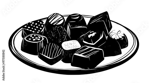 Assortment of chocolate pieces with various fillings on a simple plate, vector illustration art