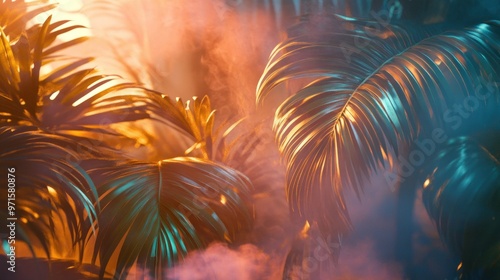 Wallpaper Mural Palm Leaves Illuminated by Warm Light and Mist Torontodigital.ca
