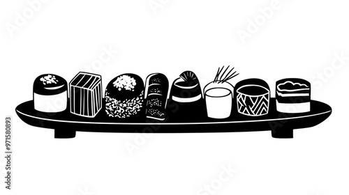 Assortment of various Asian sweets arranged on a long serving platter, vector illustration art