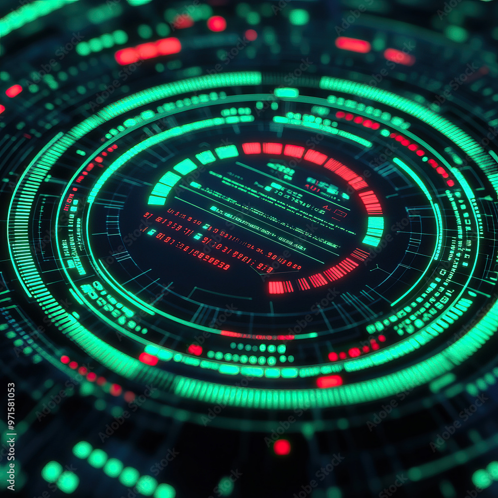 Futuristic digital interface with vibrant green and red elements, showcasing data visualization and technology concepts. Futuristic digital interface with vibrant green and red elements, showcasing data visualization and technology concepts.