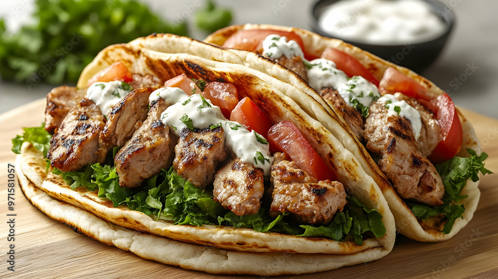 Grilled meat wraps filled with lettuce, tomatoes, and sauce on a wooden board. Grilled meat wraps filled with lettuce, tomatoes, and sauce on a wooden board.