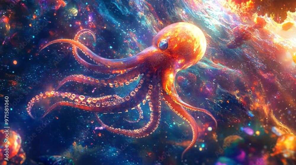 Mystical Squid Gliding Through Vibrant Underwater World with Illuminating Beams of Light Mystical Squid Gliding Through Vibrant Underwater World with Illuminating Beams of Light