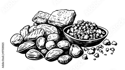 Blend of ground nuts and crumbled baked items, typically used in dessert toppings, vector illustration art
