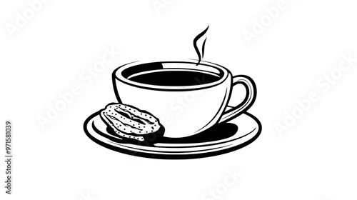 Biscotti piece partially dipped in a cup of coffee, placed on a saucer, vector illustration art