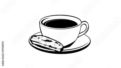 Biscotti piece partially dipped in a cup of coffee, placed on a saucer, vector illustration art
